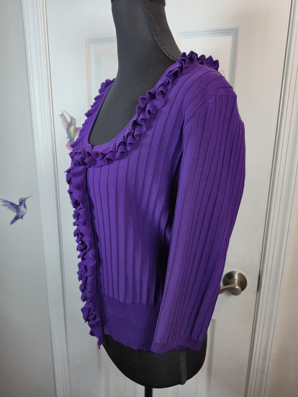 Cable & Gauge Purple Silk Blend Ruffle Ribbed Knit Y2K Cardigan Size M - Picture 3 of 5